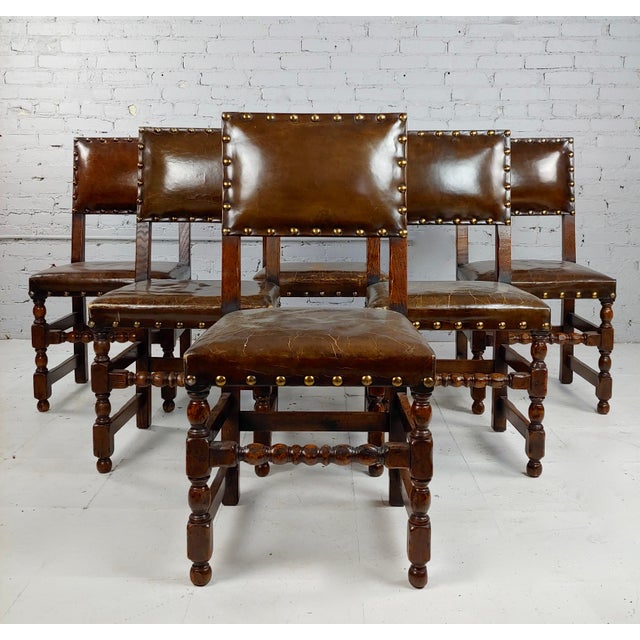 Spanish Revival Brown Leather Upholstered Dining Chairs Set of 6