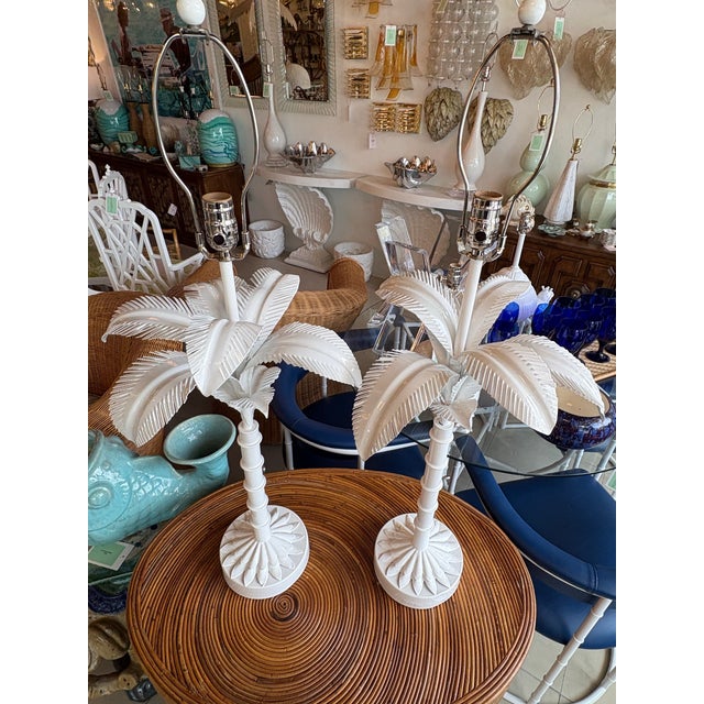 Vtg. Pair 1973 Palm Beach Tree Leaf Table Lamps Restored White Tole Newly Wired For Sale - Image 4 of 10