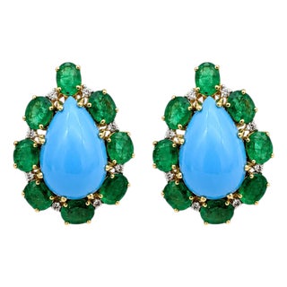 Natural Emerald, Turquoise, & Diamond Earring in 14k Gold For Sale