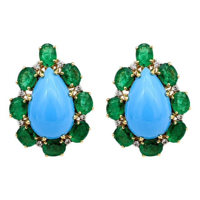 Natural Emerald, Turquoise, & Diamond Earring in 14k Gold For Sale