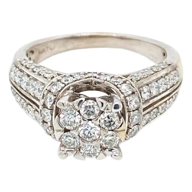 Diamond Cluster 14k White Gold Engagement Ring, Size 8.75 For Sale
