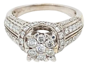 Diamond Cluster 14k White Gold Engagement Ring, Size 8.75