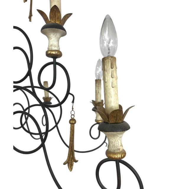 Black French Country 9-Light Wrought Iron Chandelier With Carved Wood Accents For Sale - Image 8 of 13