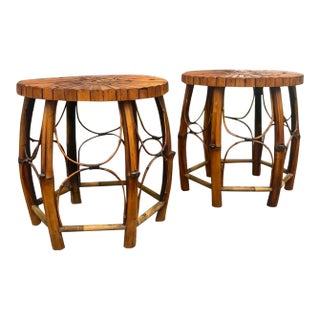 Late 20th Century Rattan and Bamboo Barrel Side Tables For Sale