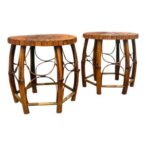 Late 20th Century Rattan and Bamboo Barrel Side Tables