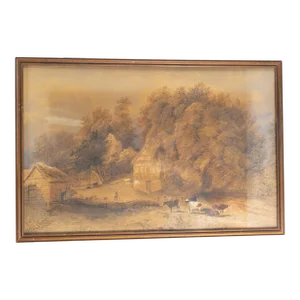 19th Century English Watercolor Landscape Painting With Cows