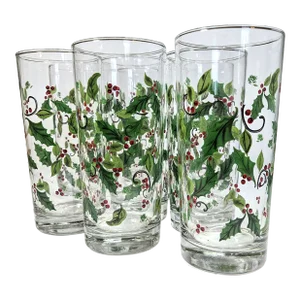 Mid Century Christmas Holly Tumblers- Set of Eight