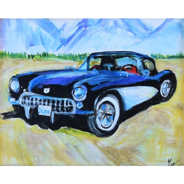 Original Artist Signed Classic 1957 Chevy Corvette Car Painting W/ Gold Frame For Sale - Image 4 of 8
