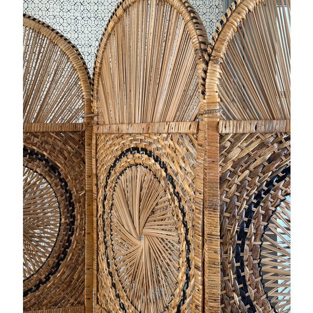 Contemporary Vintage Rattan Folding Screen With Sunburst Motifs For Sale - Image 3 of 6