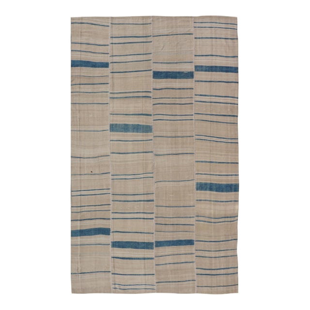 Vintage Turkish Kilim Rug With Blue and Cream Stripes 8'0"x14'2" For Sale