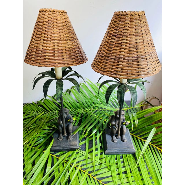 Vintage Italian Monkey Lamps With Tole Palm Trees & Wicker Shades - A Pair For Sale In Miami - Image 6 of 10