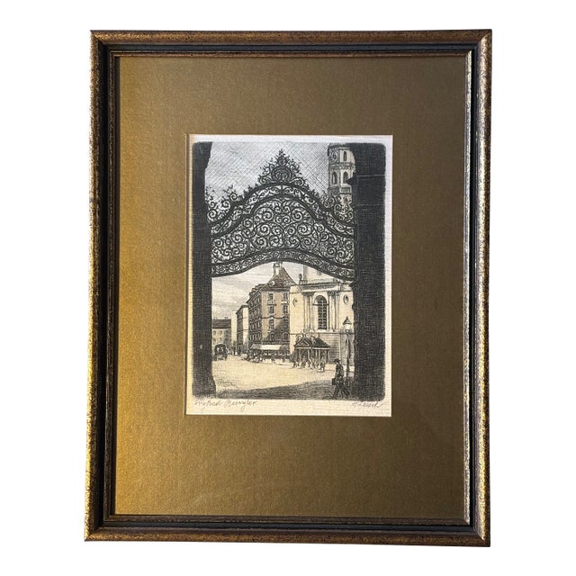 Vintage Hans Leisch Signed Original Etching on Silk - St. Michael's Gate Vienna, Framed Austrian Landmark Print For Sale