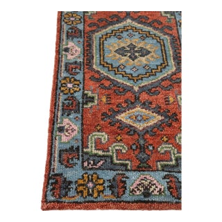 3X6Ft. Brunt Orange Light Blue Persian Design Inspired Hand Knotted Wool Runner Rug For Sale