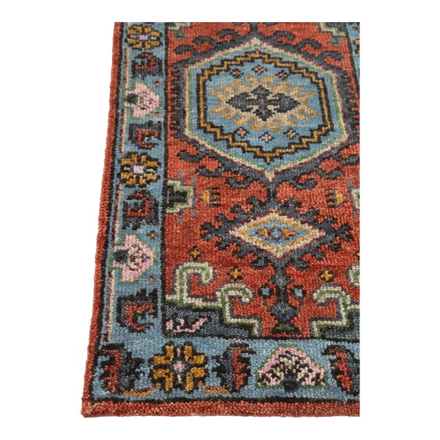 3X6Ft. Brunt Orange Light Blue Persian Design Inspired Hand Knotted Wool Runner Rug For Sale