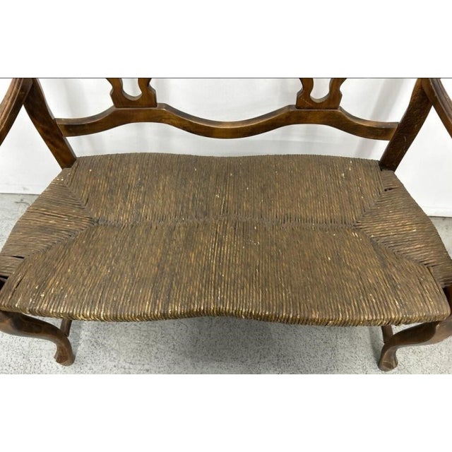 Late 20th Century French Provincial Walnut Rush Seat Settee With Pierced Double-Splat Back For Sale - Image 4 of 6
