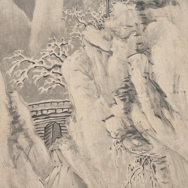Brushed with expressive linework and a minimalist color palette, this Chinese hanging scroll painting depicts an idyllic...