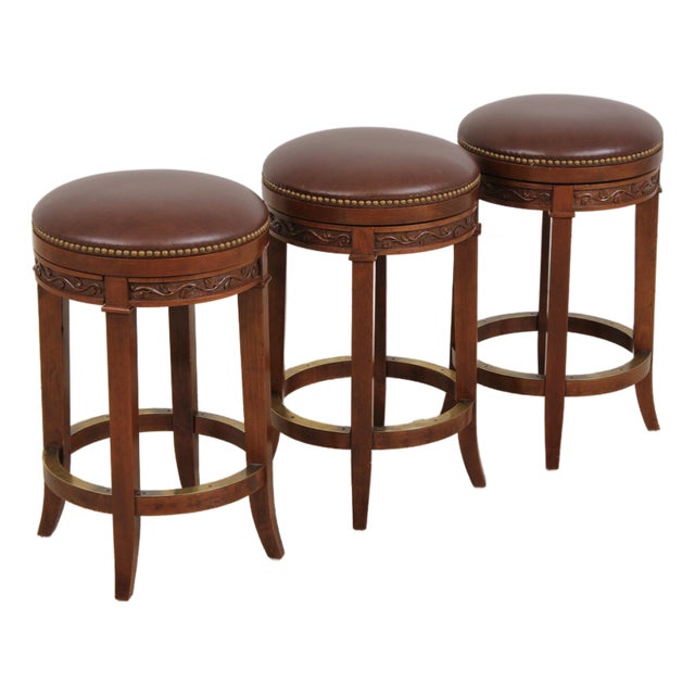 Set of 3 Stickley Cherry Leather Seat Counter Stools For Sale