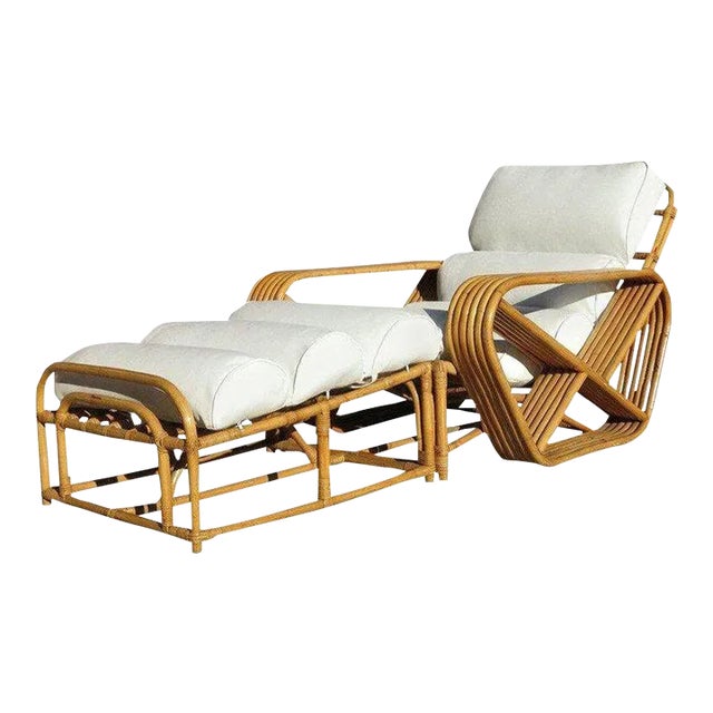 Restored 6-Stand Square Pretzel Rattan Chaise Lounge With Ottoman For Sale