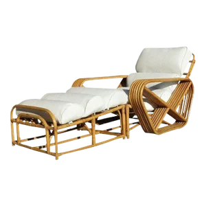 Restored 6-Stand Square Pretzel Rattan Chaise Lounge With Ottoman