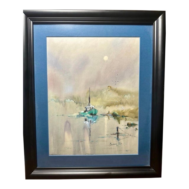 Contemporary Original Coastal Wall Art – Framed Boat Scene – Signed Iulia Carchelan (15.5” X 18.5”) For Sale