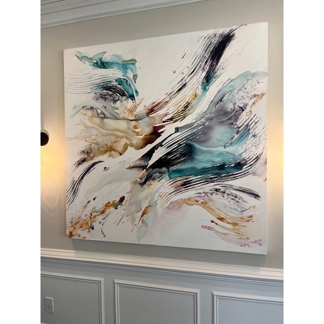 Original Abstract Watercolor Painting by French Artist Laure Marnas 59”x59” on Stretched Canvas $4,000 “Envol” Dyes and...