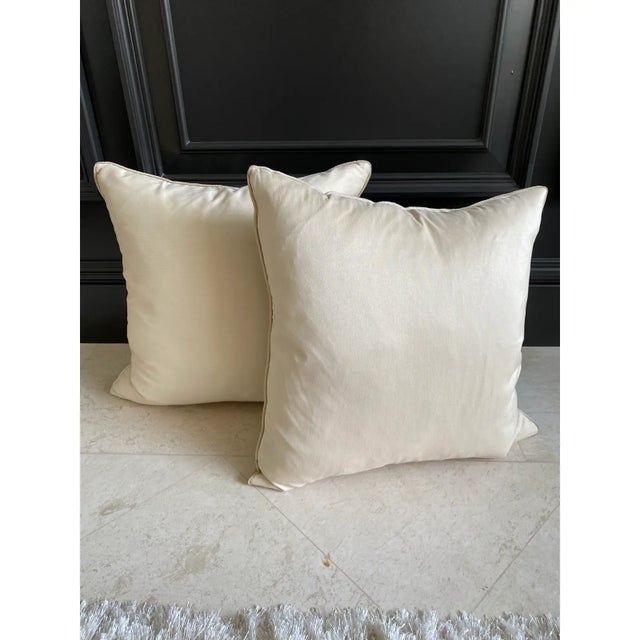 Olive Designer Mid-Century Style Pillows in Olive Green on Ice Blue - A Pair For Sale - Image 8 of 10