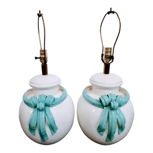 Vintage Tiffany Blue Raised Ribbon Ginger Jar Regency Ceramic Table Lamps- a Pair