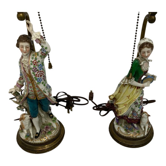 Pair of Antique Samson of Paris Attributed Chelsea-Style Porcelain Shepherd &amp; Shepherdess Table Lamps France c. 1900 A...
