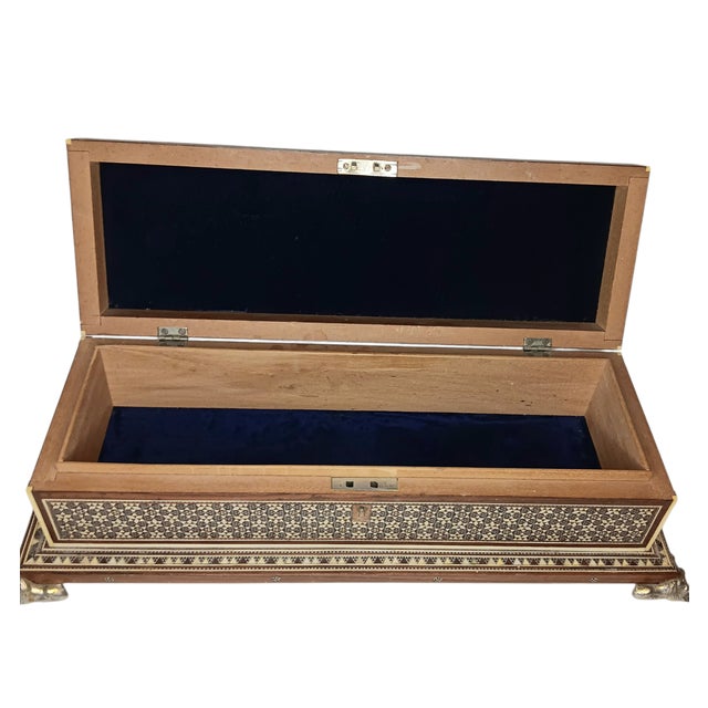 Vintage Large Wood Box Micro Mosaic Inlaid Marquetry With Blue Velvet 17 X 7 X 4.5 For Sale - Image 4 of 17