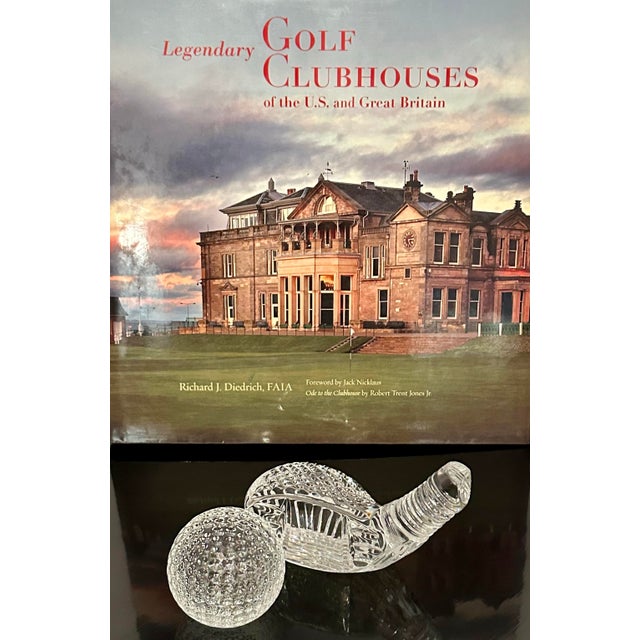 A handsome golf-themed decorative grouping featuring a signed Waterford Crystal golf club sculpture, a signed Waterford...