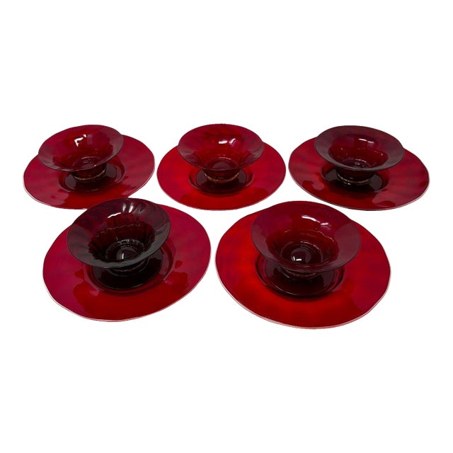 1970s Murano Glass Ruby Red Desserts and Saucers - 10 pcs For Sale