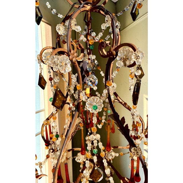 Antique Italian Iron and Colored Crystal Chandelier With Crystal Beading For Sale - Image 11 of 18