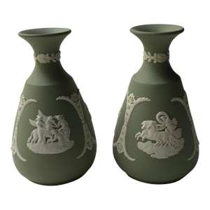 1940s Wedgwood Green Jasperware Alabastron Vases - Set of 2