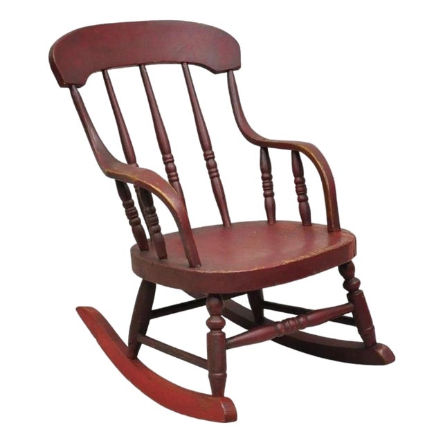 Antique American Primitive Spindle Back Small Child's Rocker Rocking Chair For Sale