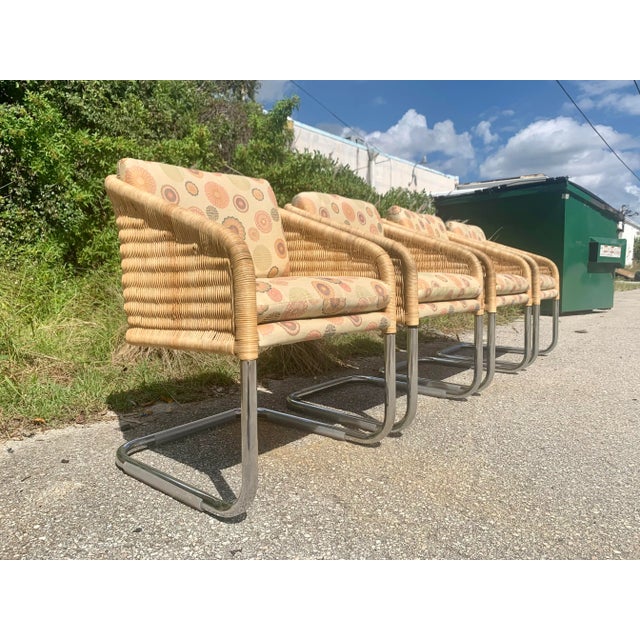 Harvey Probber Harvey Probber Style Wicker and Chrome Cantilever Dining Chairs - Set of 4 For Sale - Image 4 of 12