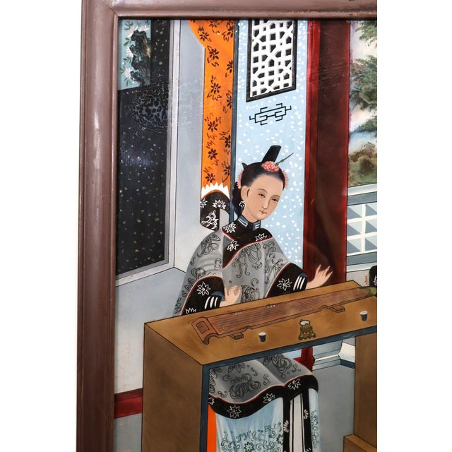 Antique Chinese Qing Dynasty Reverse Glass Painting Scholars Garden Scene For Sale - Image 9 of 12