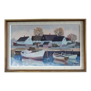 Mid-Century Modern 'Cottages by Quiet Water' Swedish Original Landscape Oil Painting, Framed For Sale