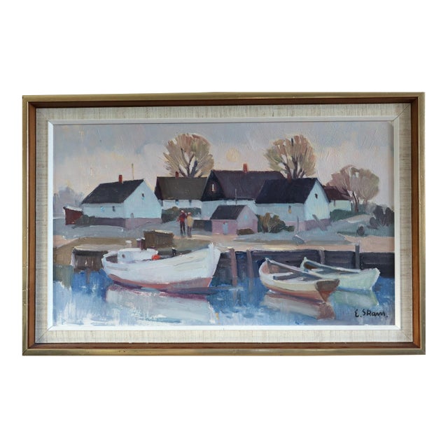 Mid-Century Modern 'Cottages by Quiet Water' Swedish Original Landscape Oil Painting, Framed For Sale