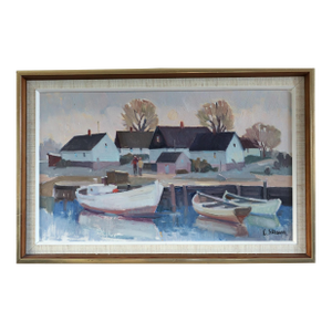 Mid-Century Modern 'Cottages by Quiet Water' Swedish Original Landscape Oil Painting, Framed