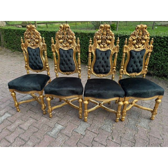 1900 Italian Rococo Gilded Beech Black Velvet Chairs – Set of 8pcs For Sale - Image 15 of 18