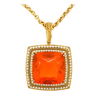 Gia Certified 20.61 Carat Orange Opal 18k Gold Diamond Pendant Necklace For Sale