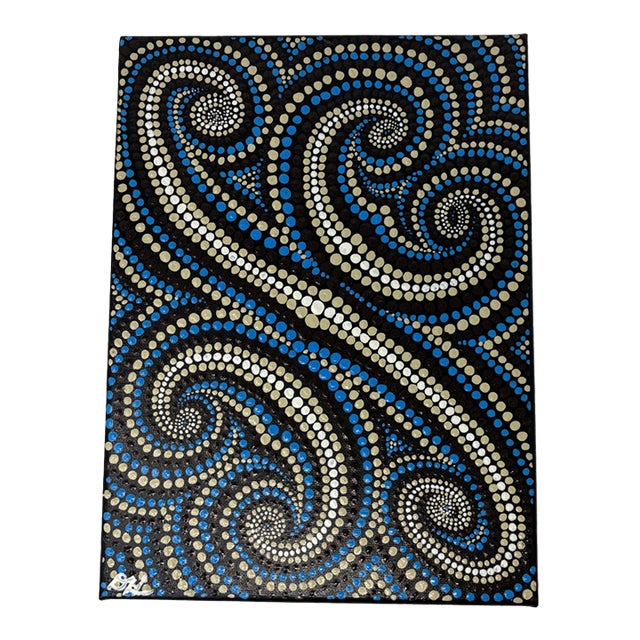 Original Signed Dot Mandala Painting Handpainted Acrylic Canvas Blue Swirl Art For Sale