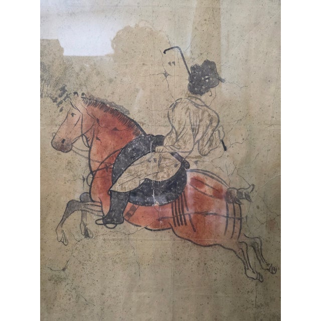 Chinese Late 20th Century Tang Dynasty Wall Painting Replica - Polo Rider, Classic Piece With Aged Paper and Handcrafted Wooden Frame" For Sale - Image 3 of 12
