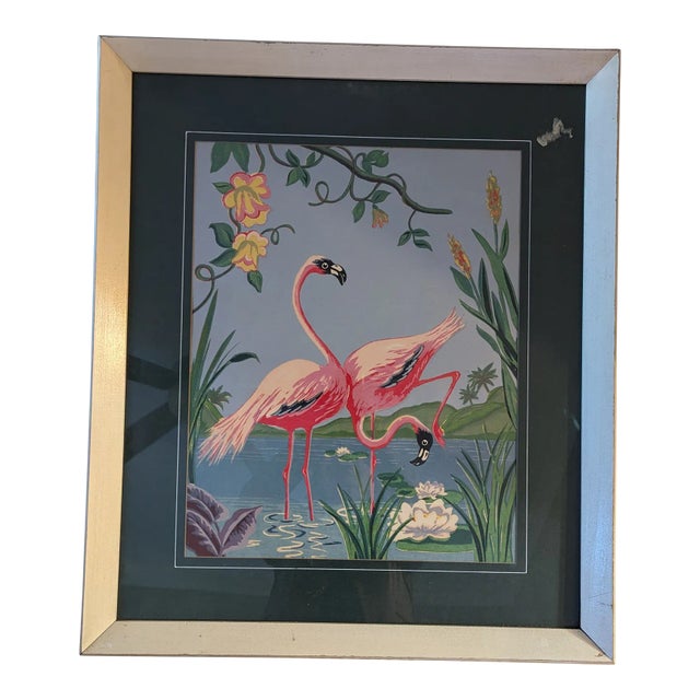 1970s Vintage Painting of Vibrant Pink Flamingos, Framed For Sale