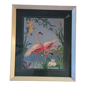 1970s Vintage Painting of Vibrant Pink Flamingos, Framed