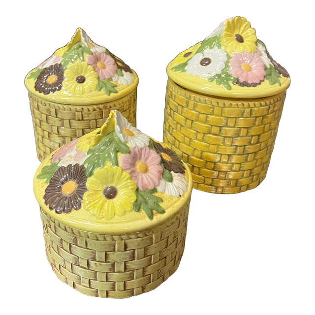 Vintage Trio of Yellow Ceramic Woven Style Jars With Floral Accents For Sale