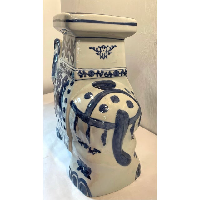 Late 20th Century Vintage Blue and White Ceramic Elephant Garden Plant Stand For Sale - Image 5 of 8