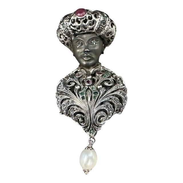 Amazing 1990s Sterling Silver and Precious Stones Italian Brooch For Sale