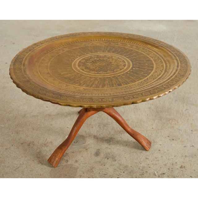 Islamic Moorish Brass Tray Table With Folding Hardwood Base For Sale - Image 3 of 13