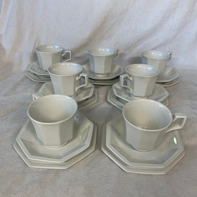 Johnson Brothers Heritage White octagonal ironstone cup, saucer and small plate set. Made in England. Cup is 3.25” tall,...